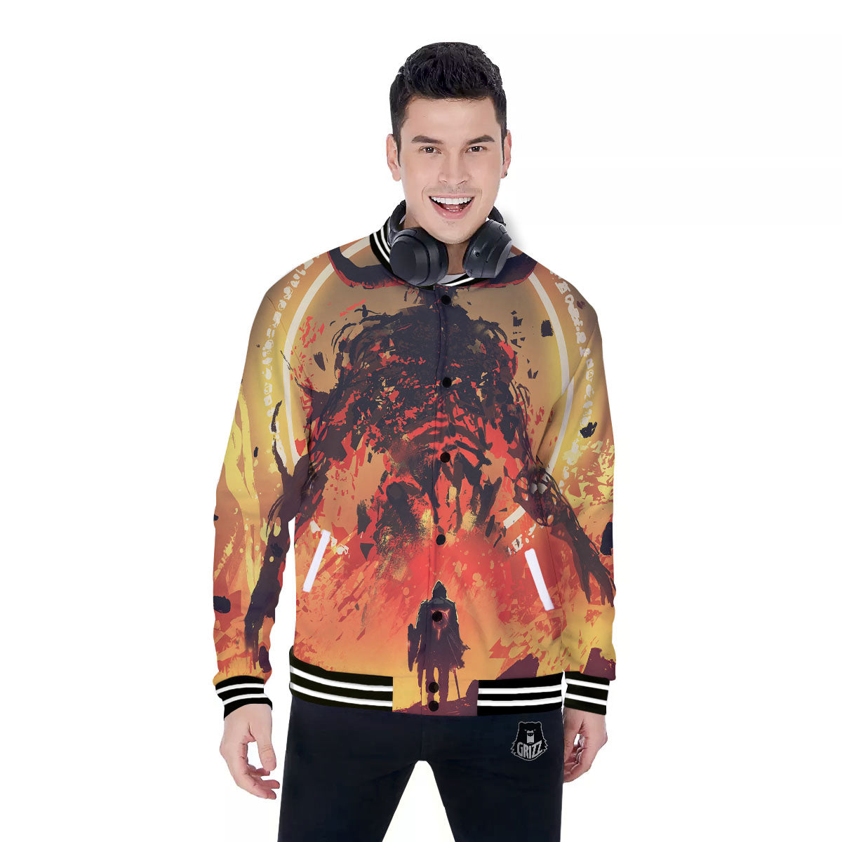 Fight With Demon Print Baseball Jacket-grizzshop
