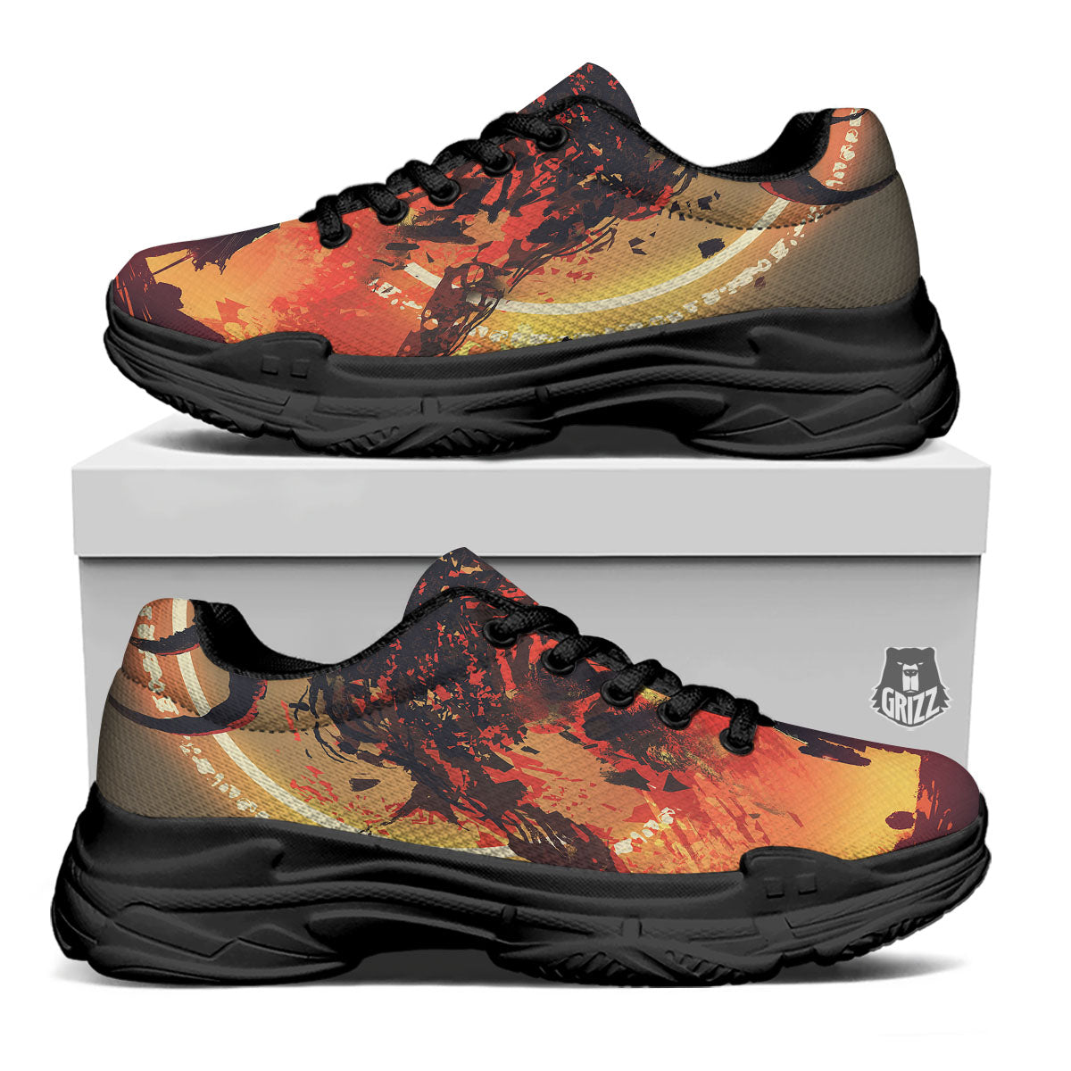 Fight With Demon Print Black Chunky Shoes-grizzshop