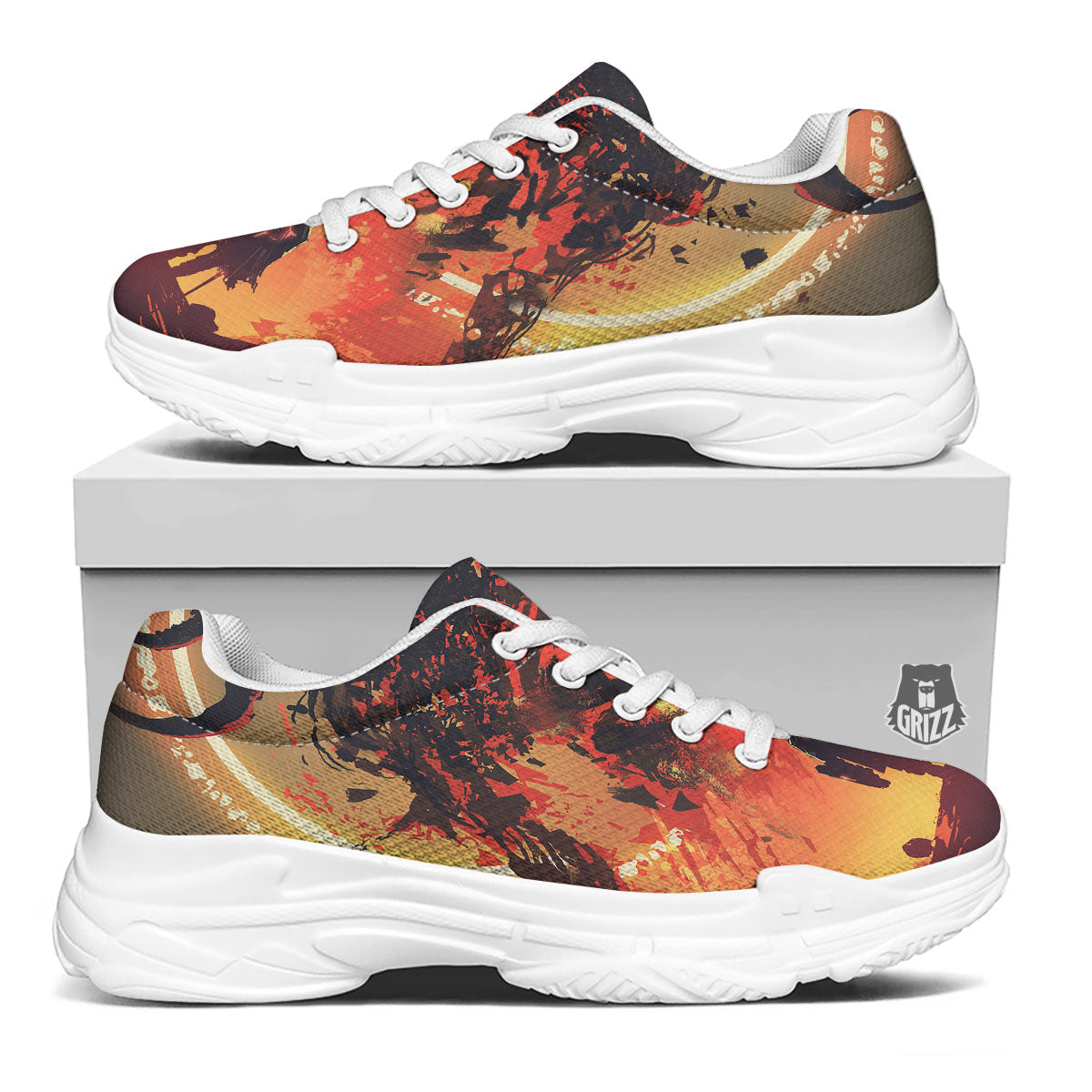 Fight With Demon Print White Chunky Shoes-grizzshop