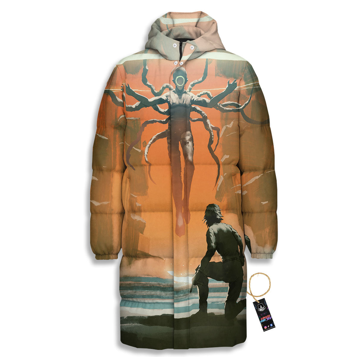 Fight With Alien Print Long Down Jacket