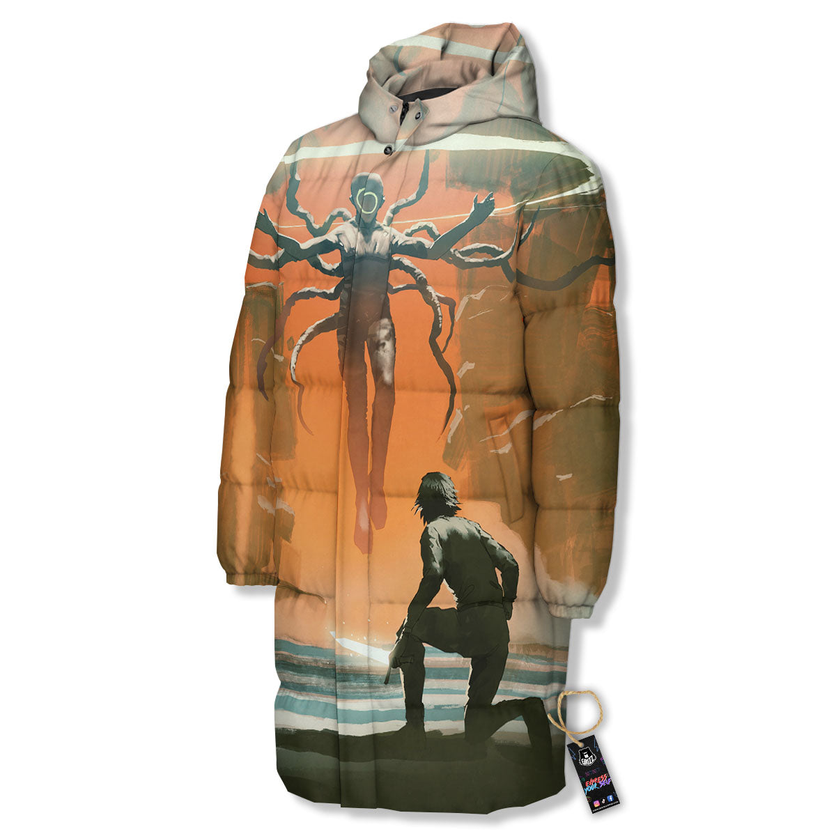 Fight With Alien Print Long Down Jacket