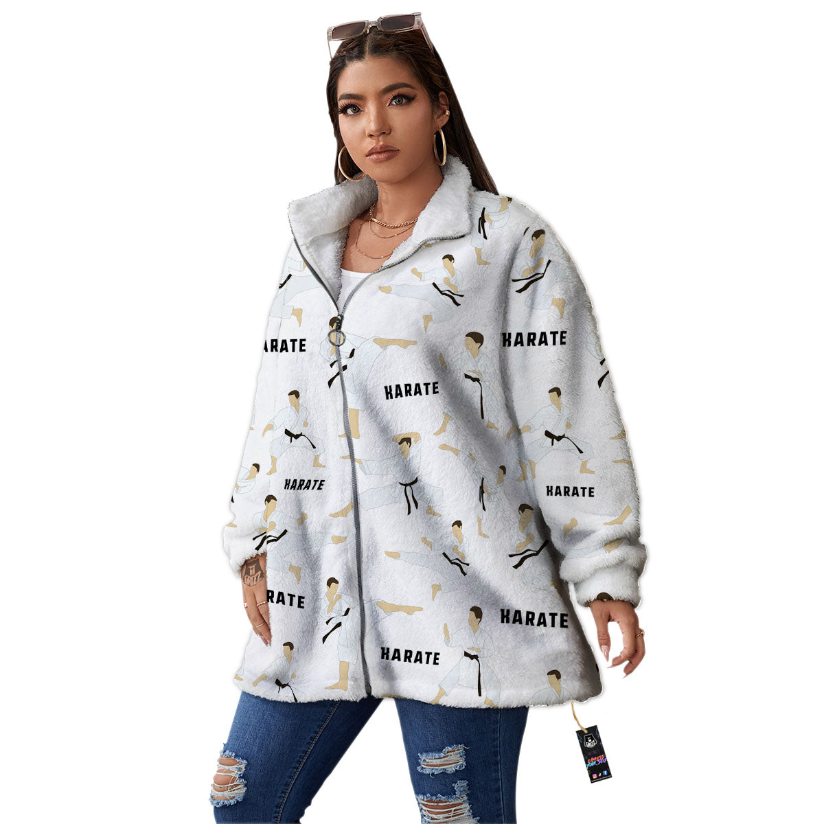 Fighter Karate Print Pattern Women's Sherpa Jacket-grizzshop