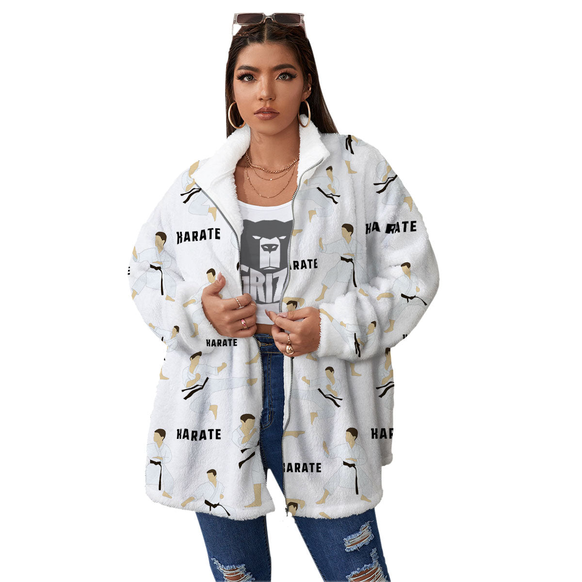 Fighter Karate Print Pattern Women's Sherpa Jacket-grizzshop