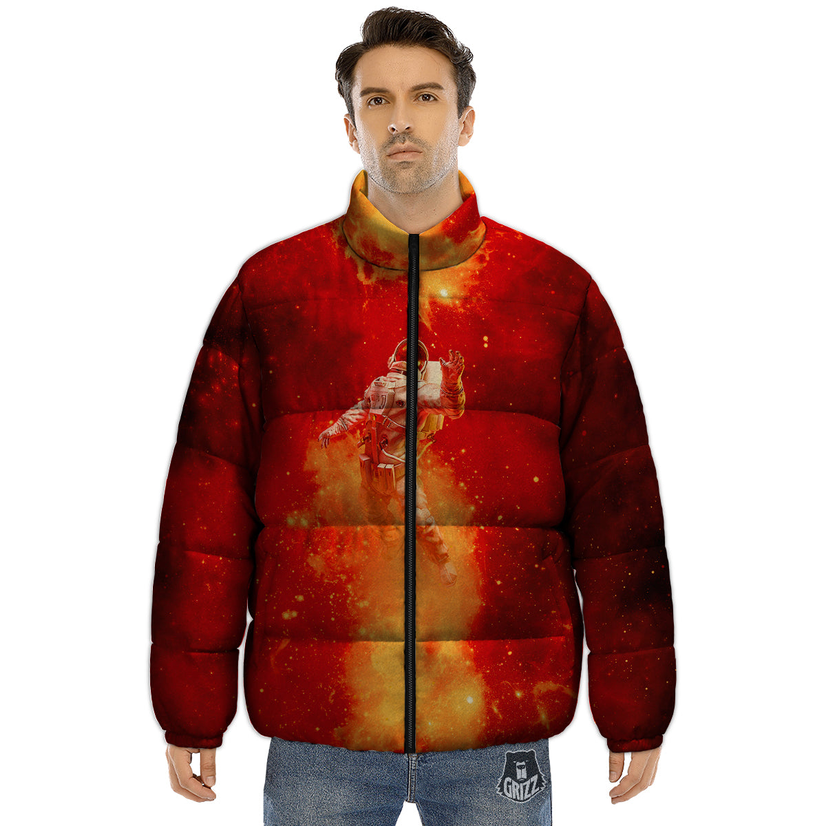 Fire Astronaut Print Puffer Jacket-grizzshop