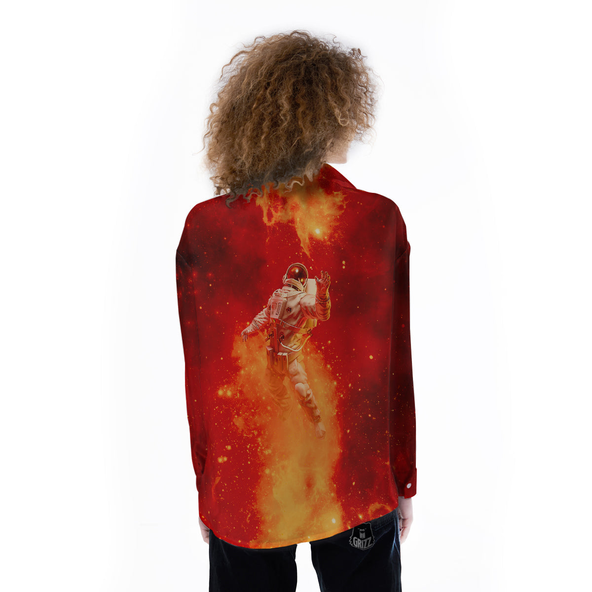 Fire Astronaut Print Women's Long Sleeve Shirts-grizzshop