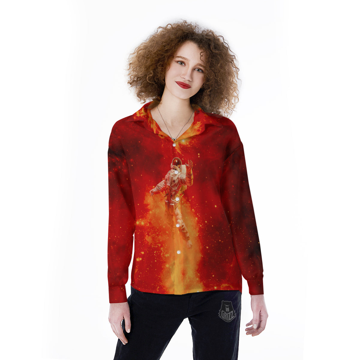Fire Astronaut Print Women's Long Sleeve Shirts-grizzshop