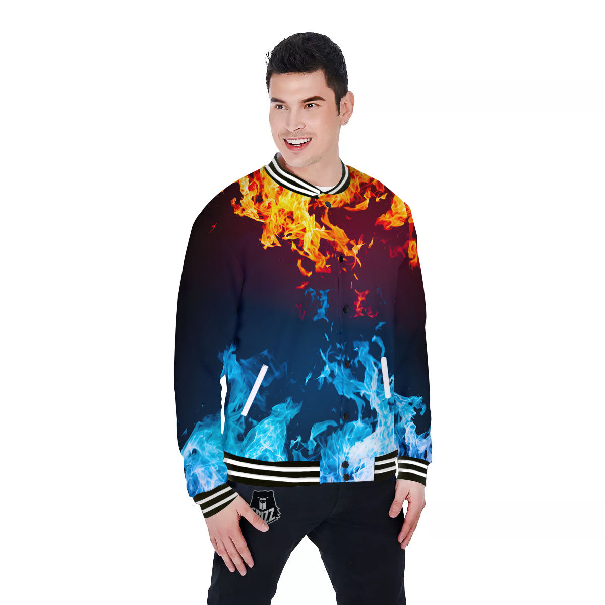 Fire Blue And Red Print Baseball Jacket-grizzshop