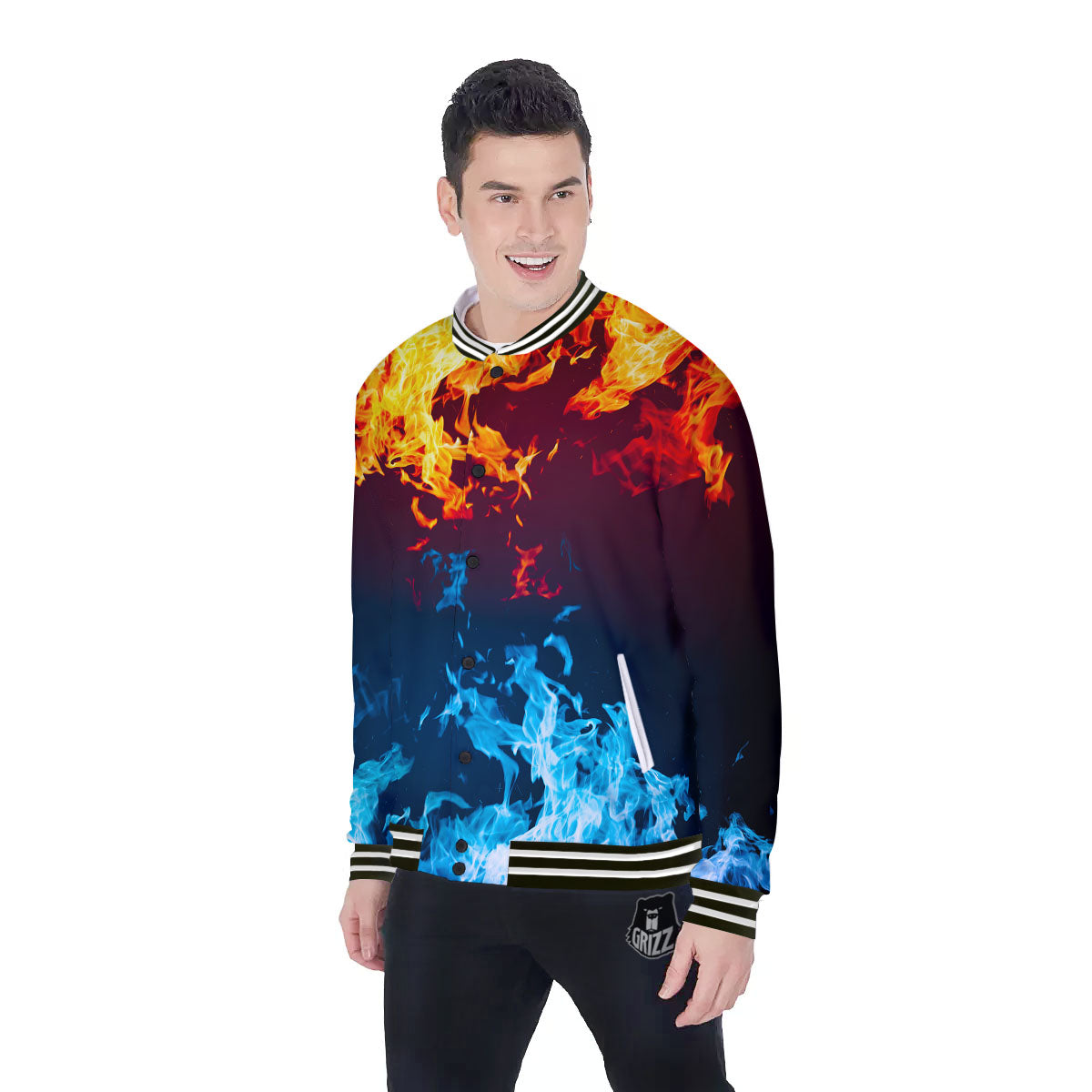 Fire Blue And Red Print Baseball Jacket-grizzshop