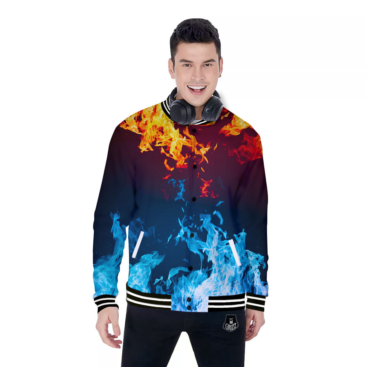 Fire Blue And Red Print Baseball Jacket-grizzshop