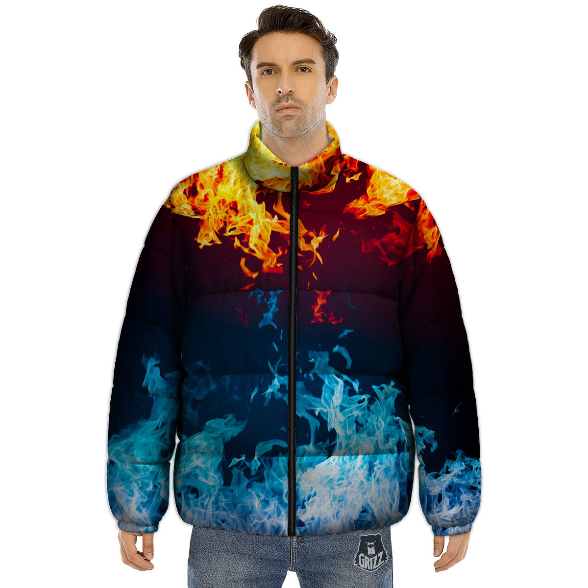 Fire Blue And Red Print Puffer Jacket-grizzshop