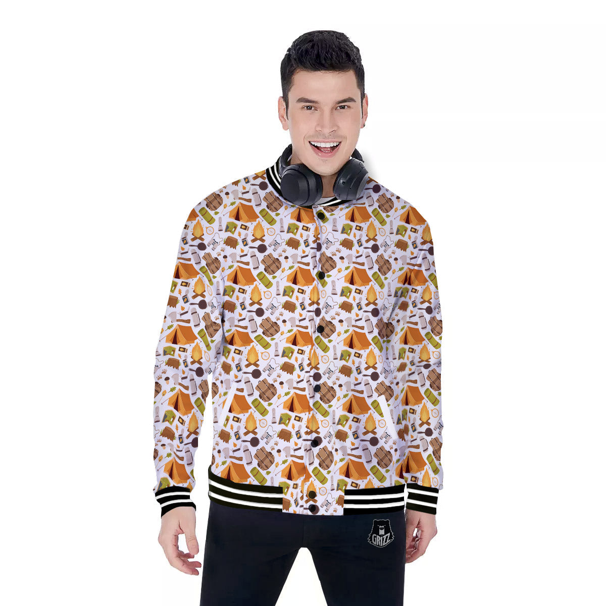 Fire Camping Print Pattern Baseball Jacket-grizzshop