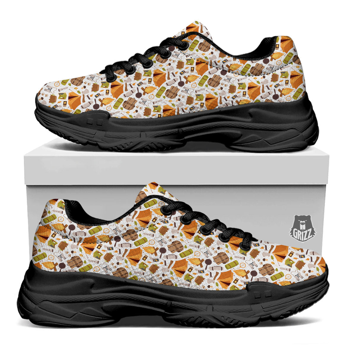 Fire Camping Print Pattern Black Chunky Shoes-grizzshop