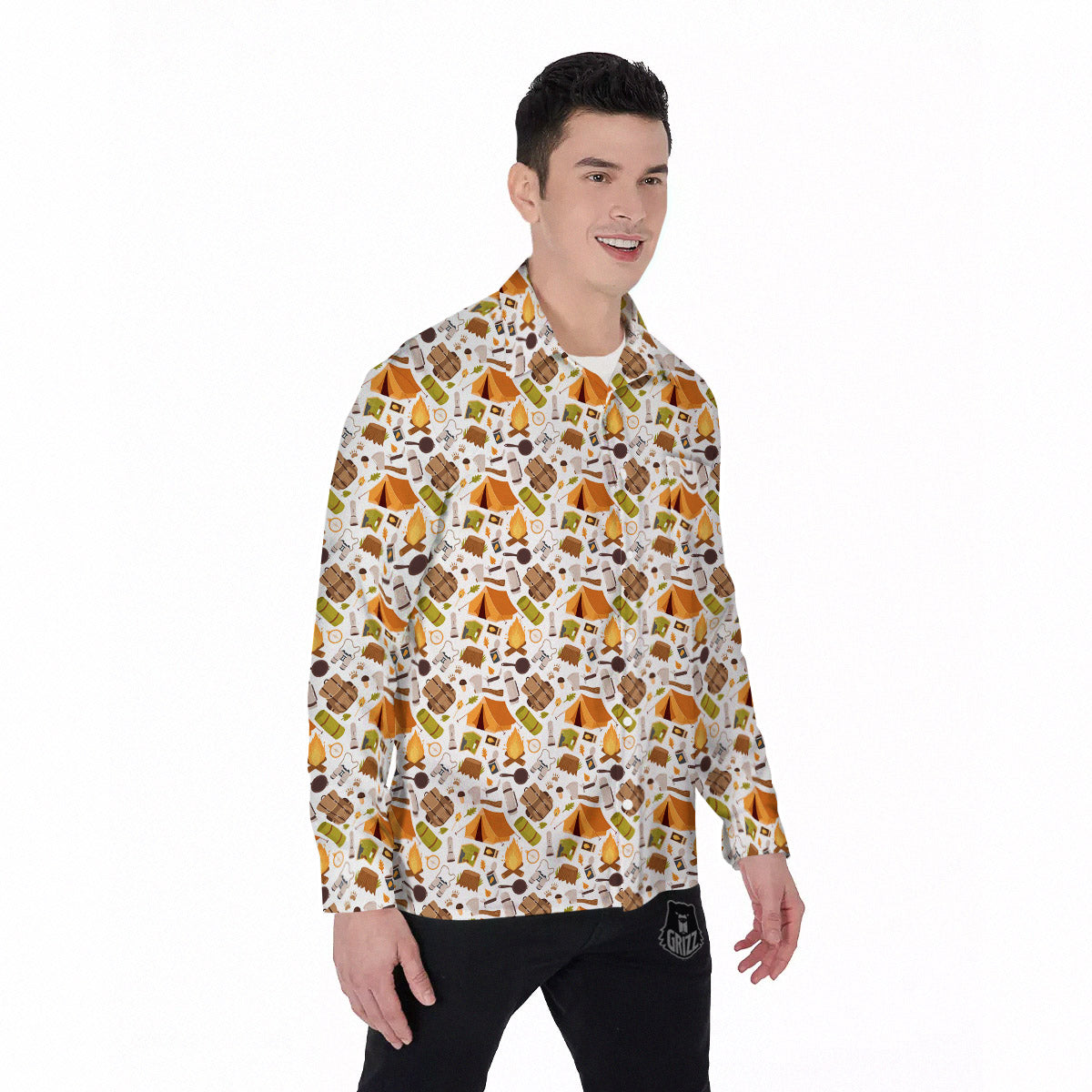 Fire Camping Print Pattern Men's Long Sleeve Shirts-grizzshop