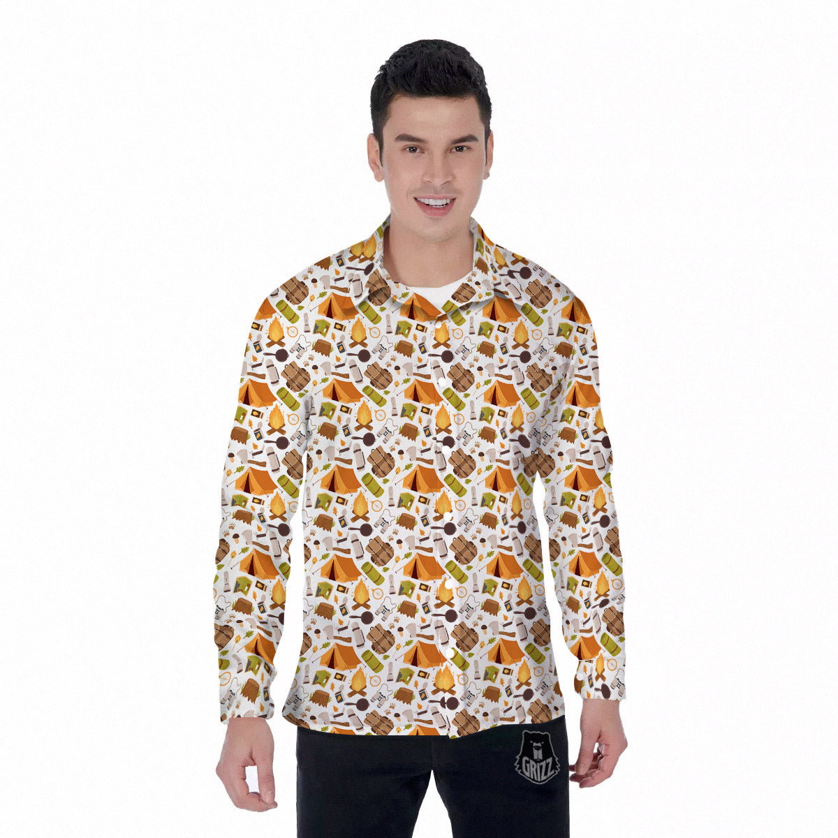 Fire Camping Print Pattern Men's Long Sleeve Shirts-grizzshop