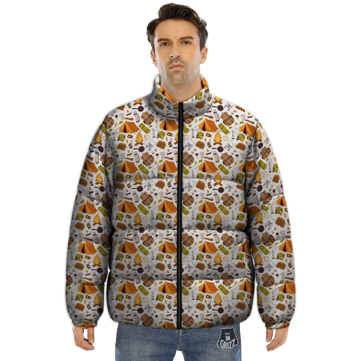 Fire Camping Print Pattern Puffer Jacket-grizzshop