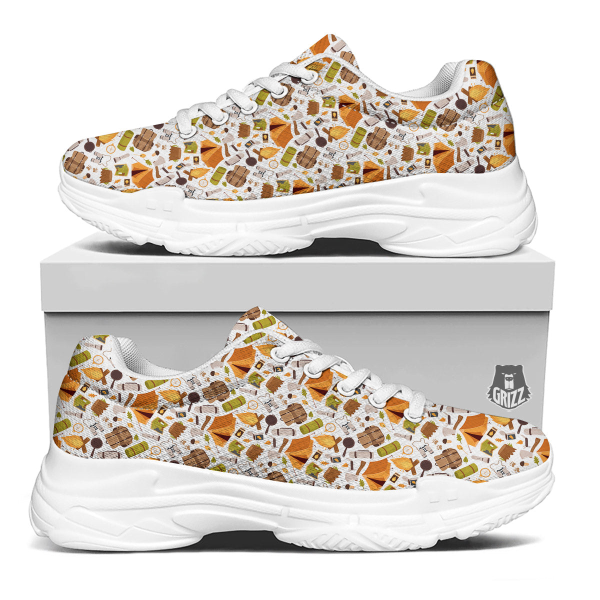 Fire Camping Print Pattern White Chunky Shoes-grizzshop