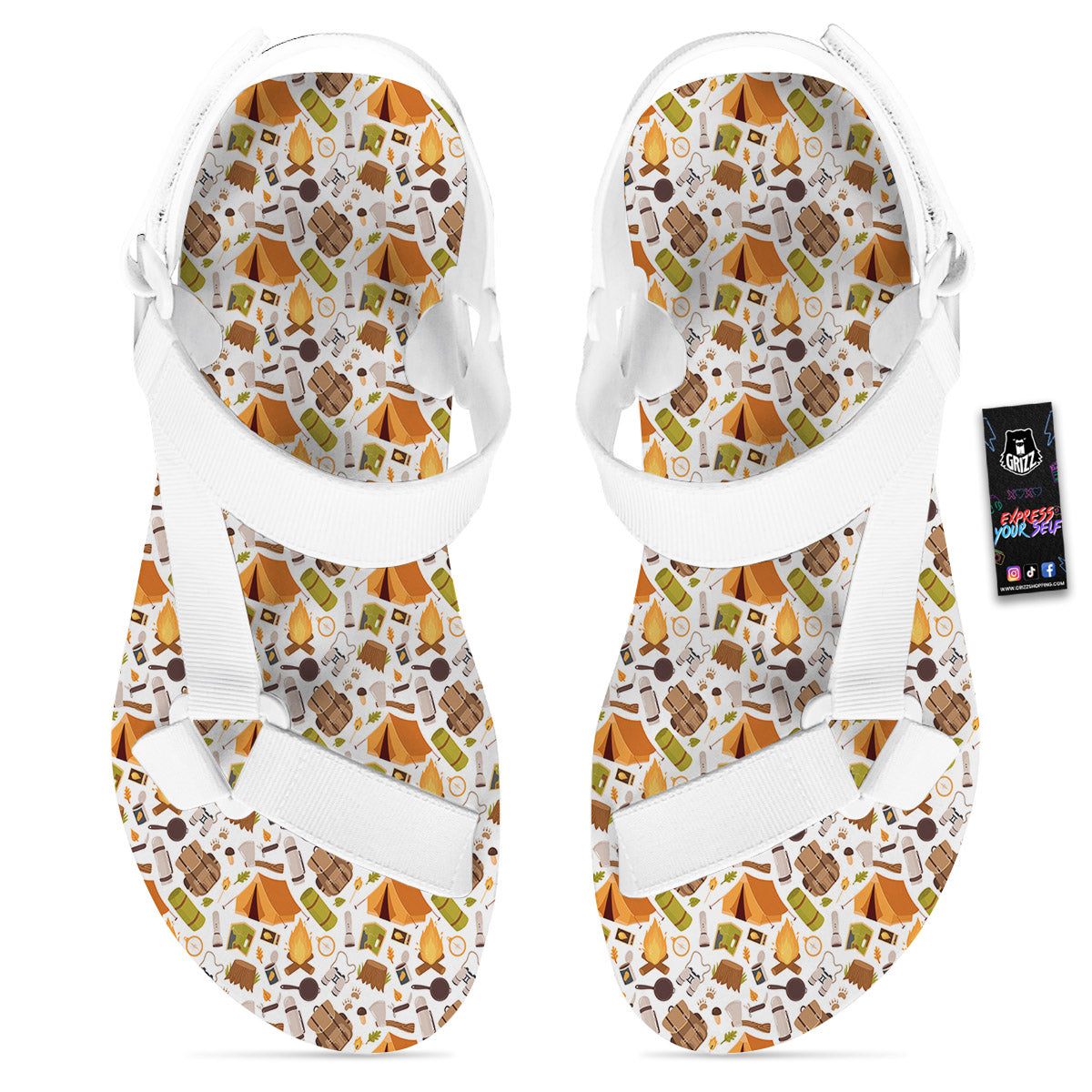 Fire Camping Print Pattern White Open Toe Sandals-grizzshop