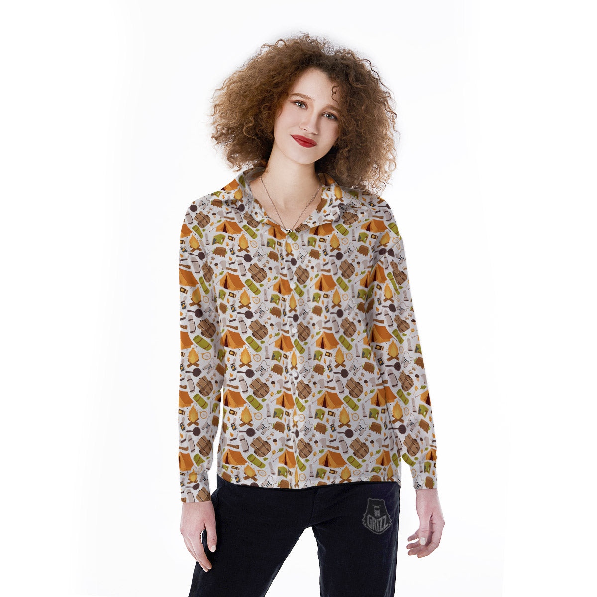 Fire Camping Print Pattern Women's Long Sleeve Shirts-grizzshop