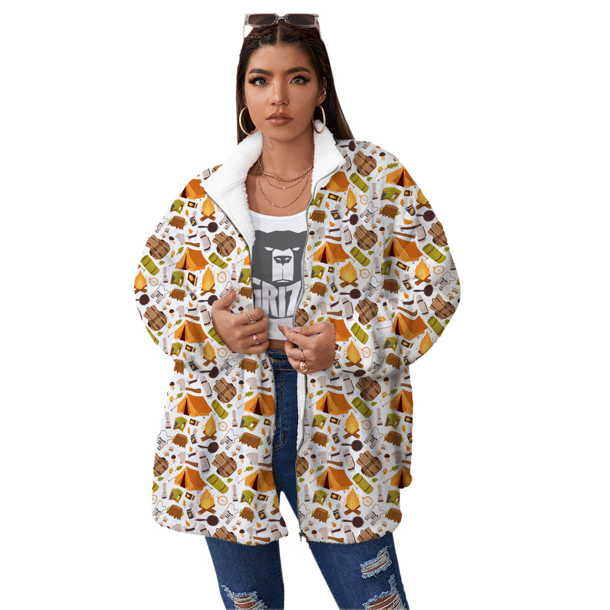 Fire Camping Print Pattern Women's Sherpa Jacket-grizzshop