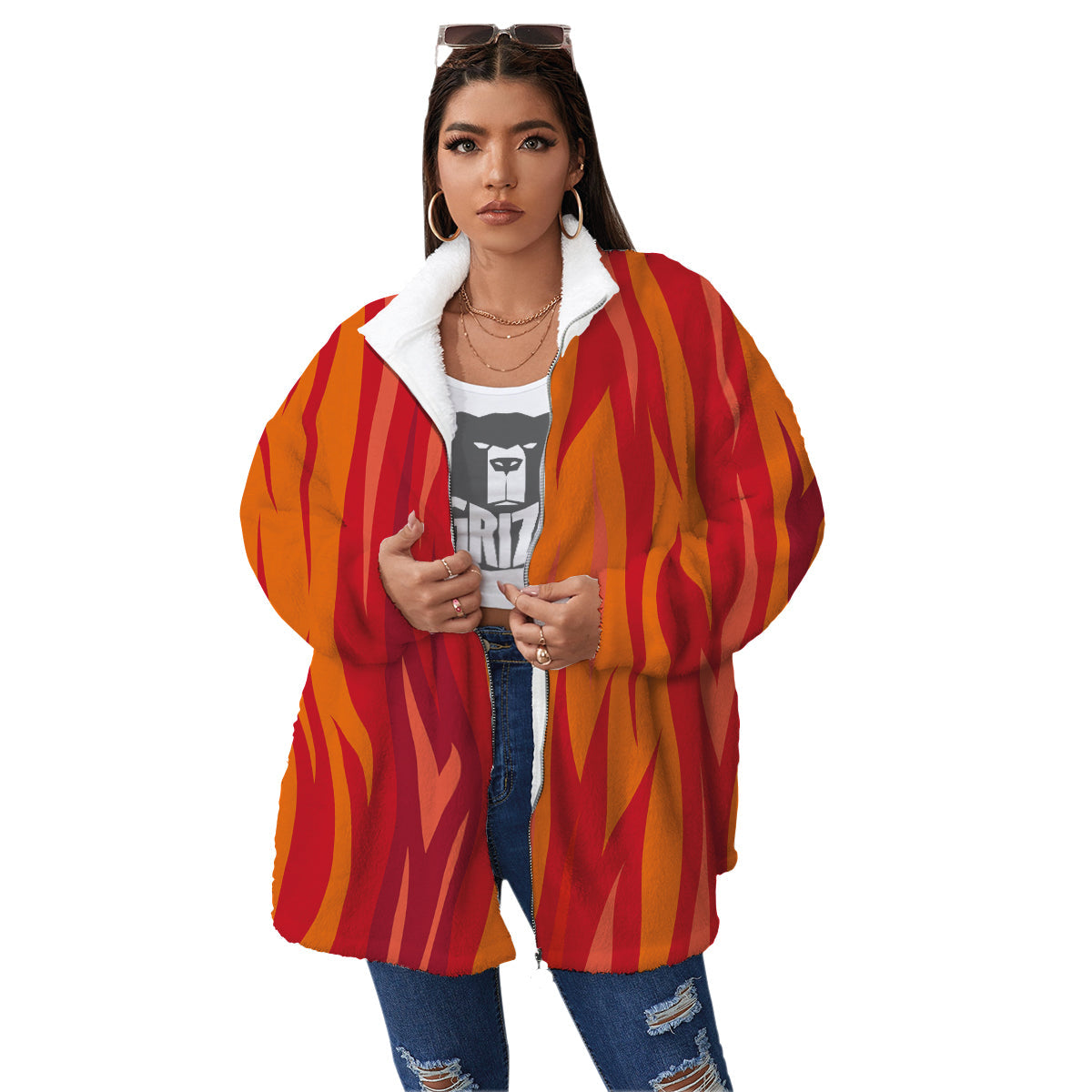 Fire In Hell Print Pattern Women's Sherpa Jacket-grizzshop