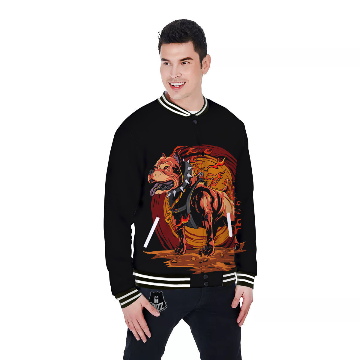 Fire Pitbull Print Baseball Jacket-grizzshop