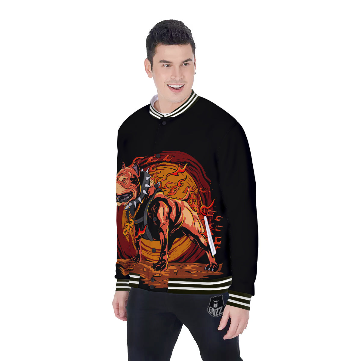 Fire Pitbull Print Baseball Jacket-grizzshop