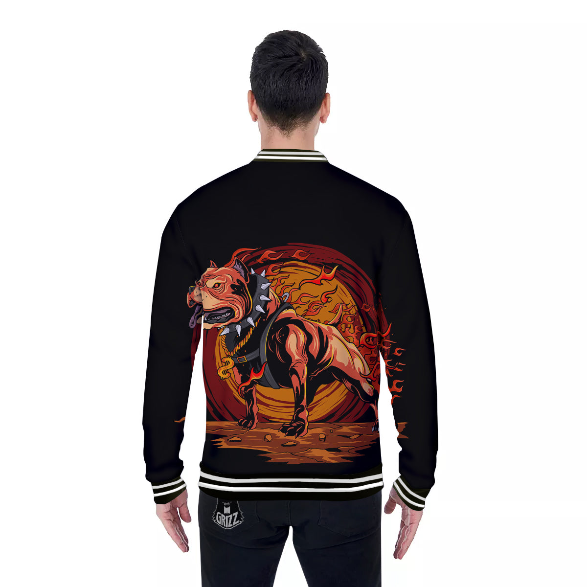Fire Pitbull Print Baseball Jacket-grizzshop