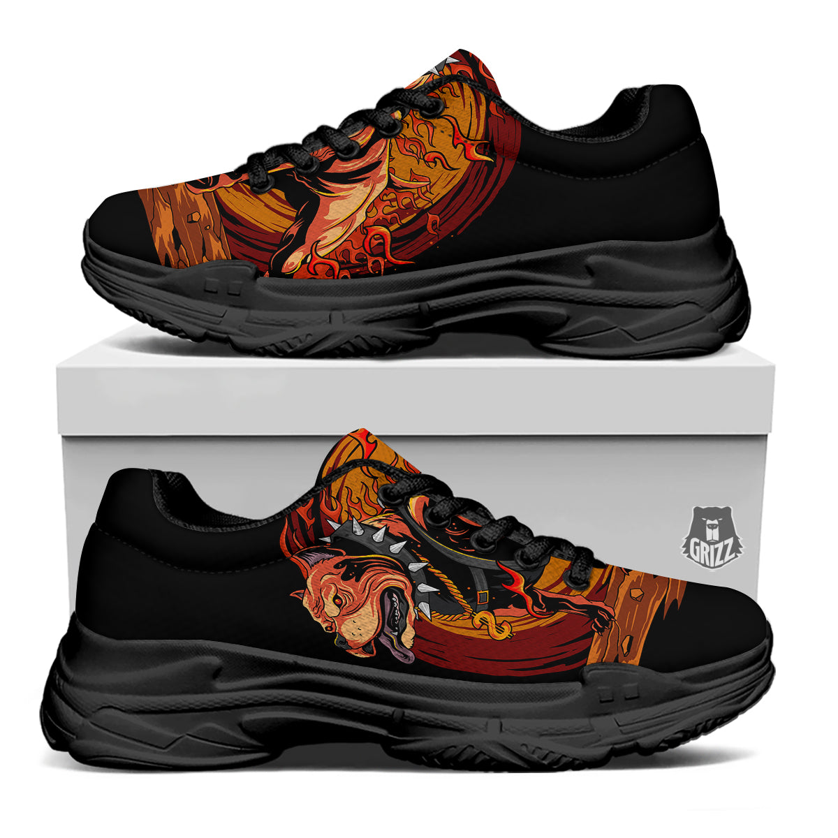Fire Pitbull Print Black Chunky Shoes-grizzshop