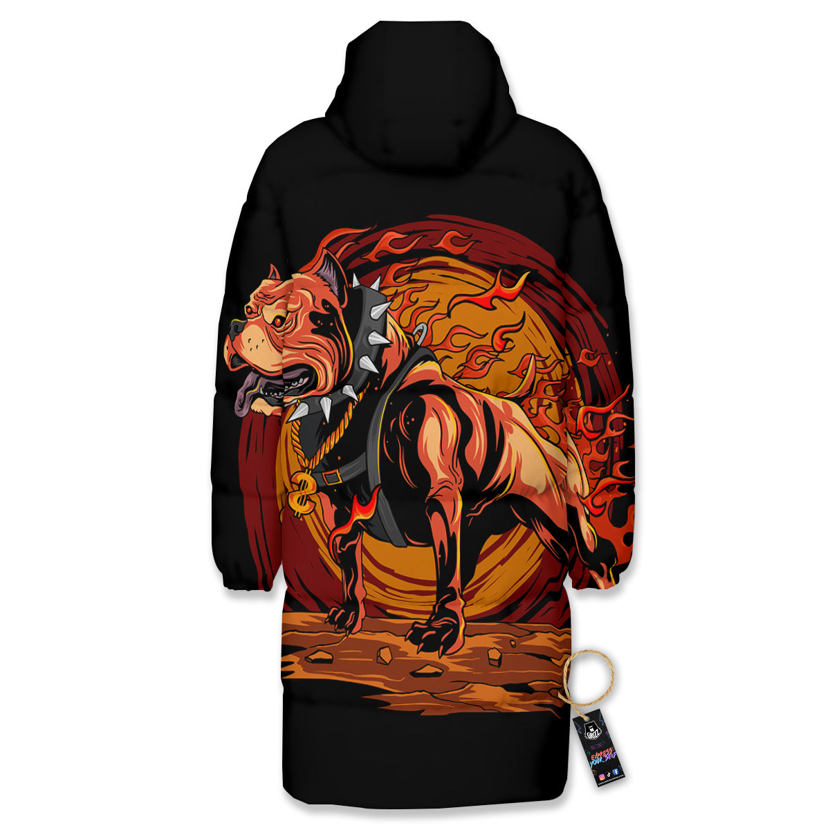 Fire Pitbull Print Long Down Jacket-grizzshop