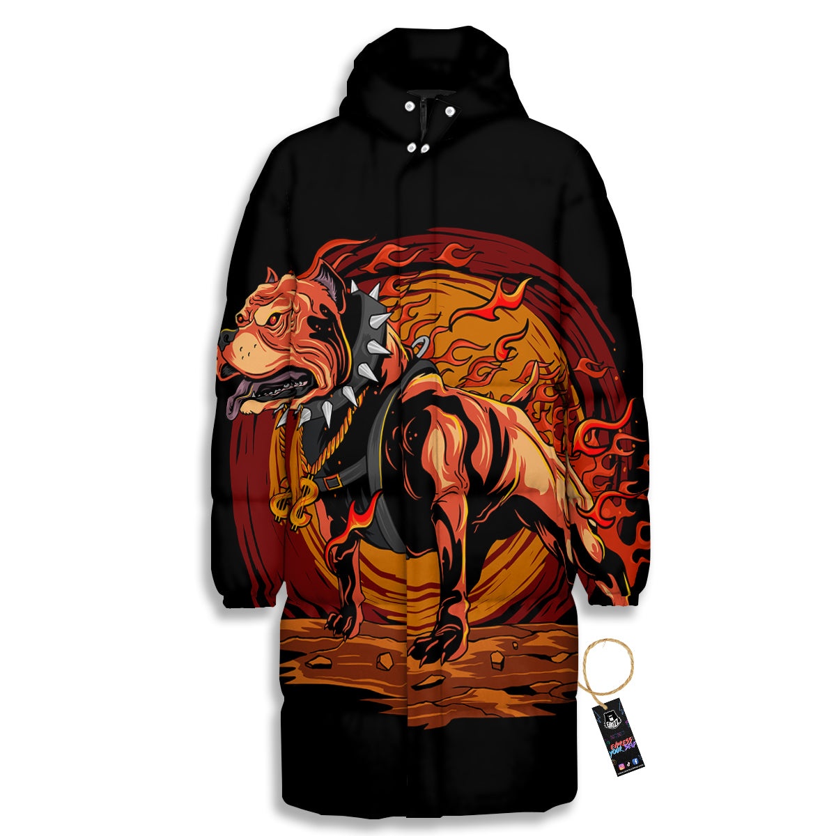 Fire Pitbull Print Long Down Jacket-grizzshop