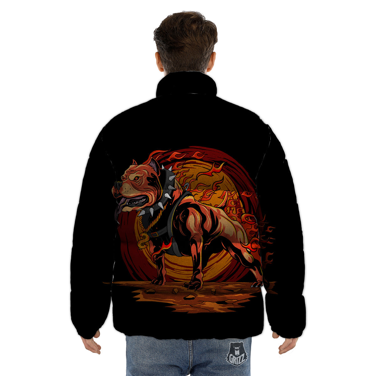 Fire Pitbull Print Puffer Jacket-grizzshop