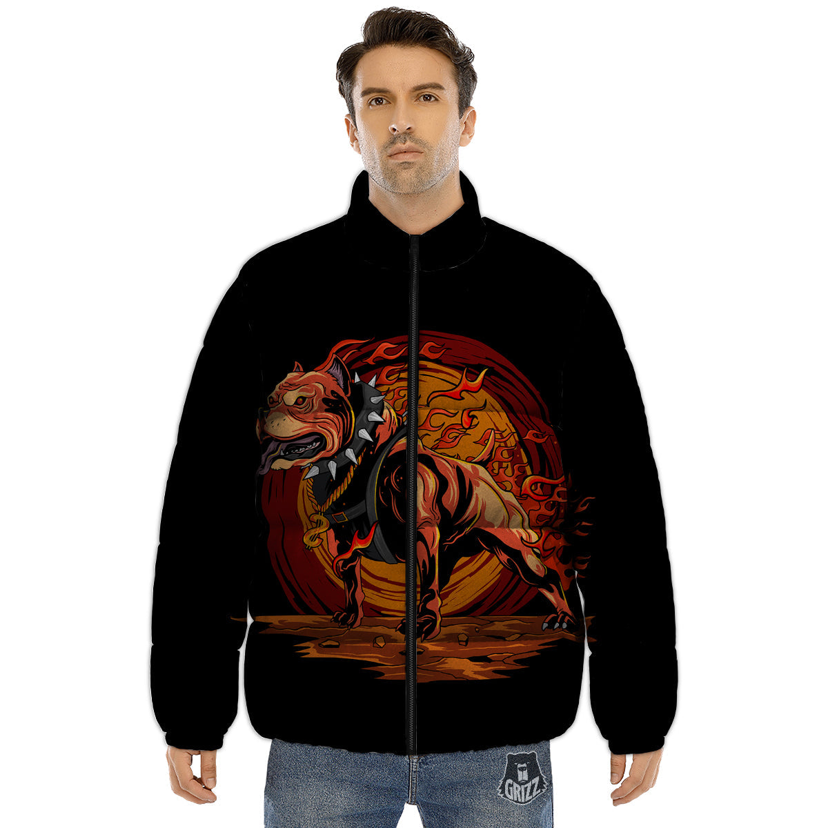 Fire Pitbull Print Puffer Jacket-grizzshop