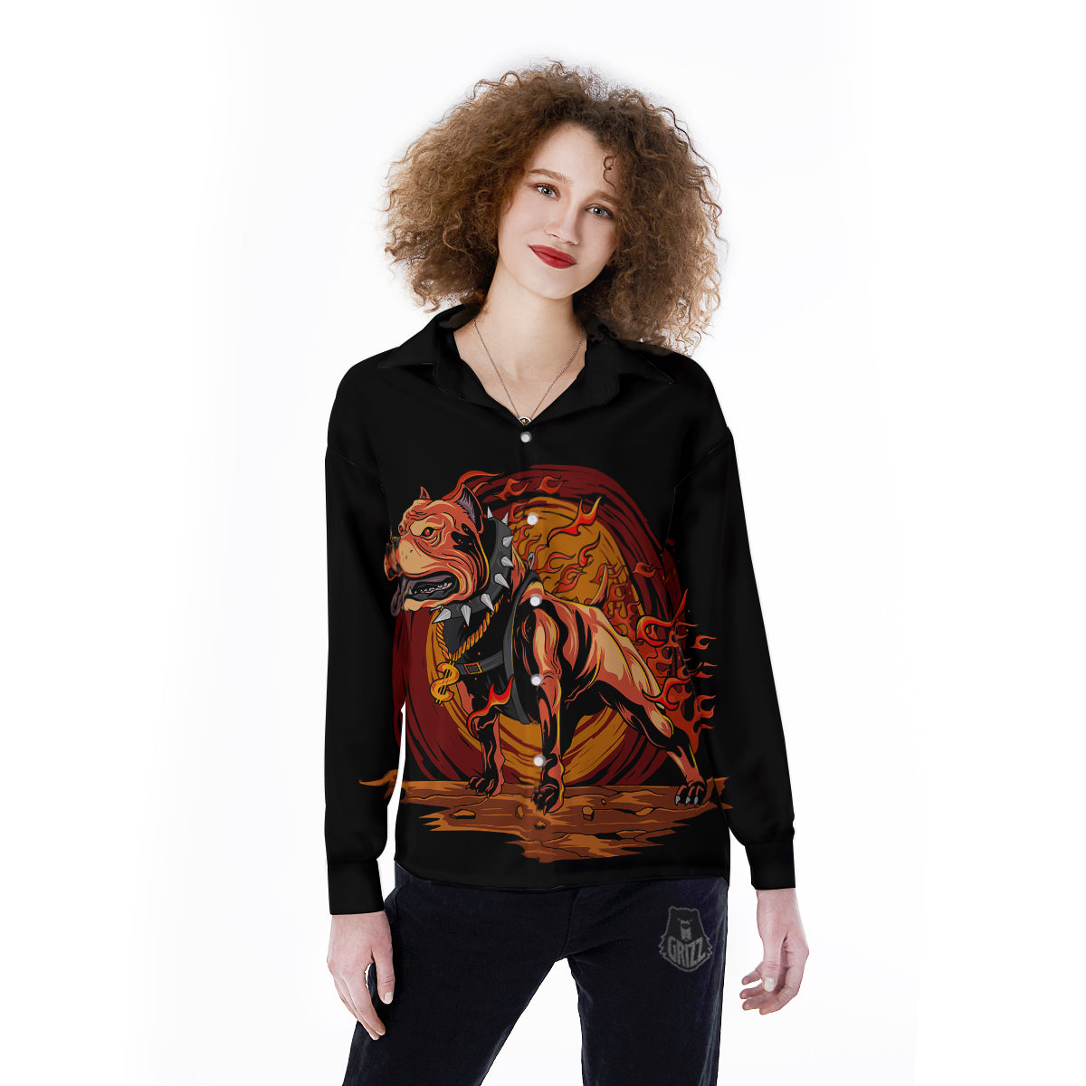 Fire Pitbull Print Women's Long Sleeve Shirts-grizzshop