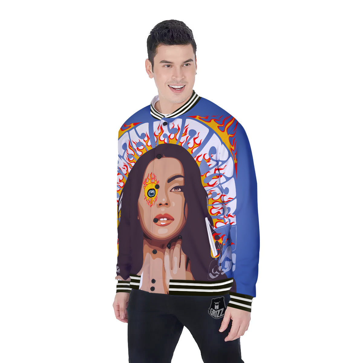 Fire Psychedelic Women Print Baseball Jacket-grizzshop