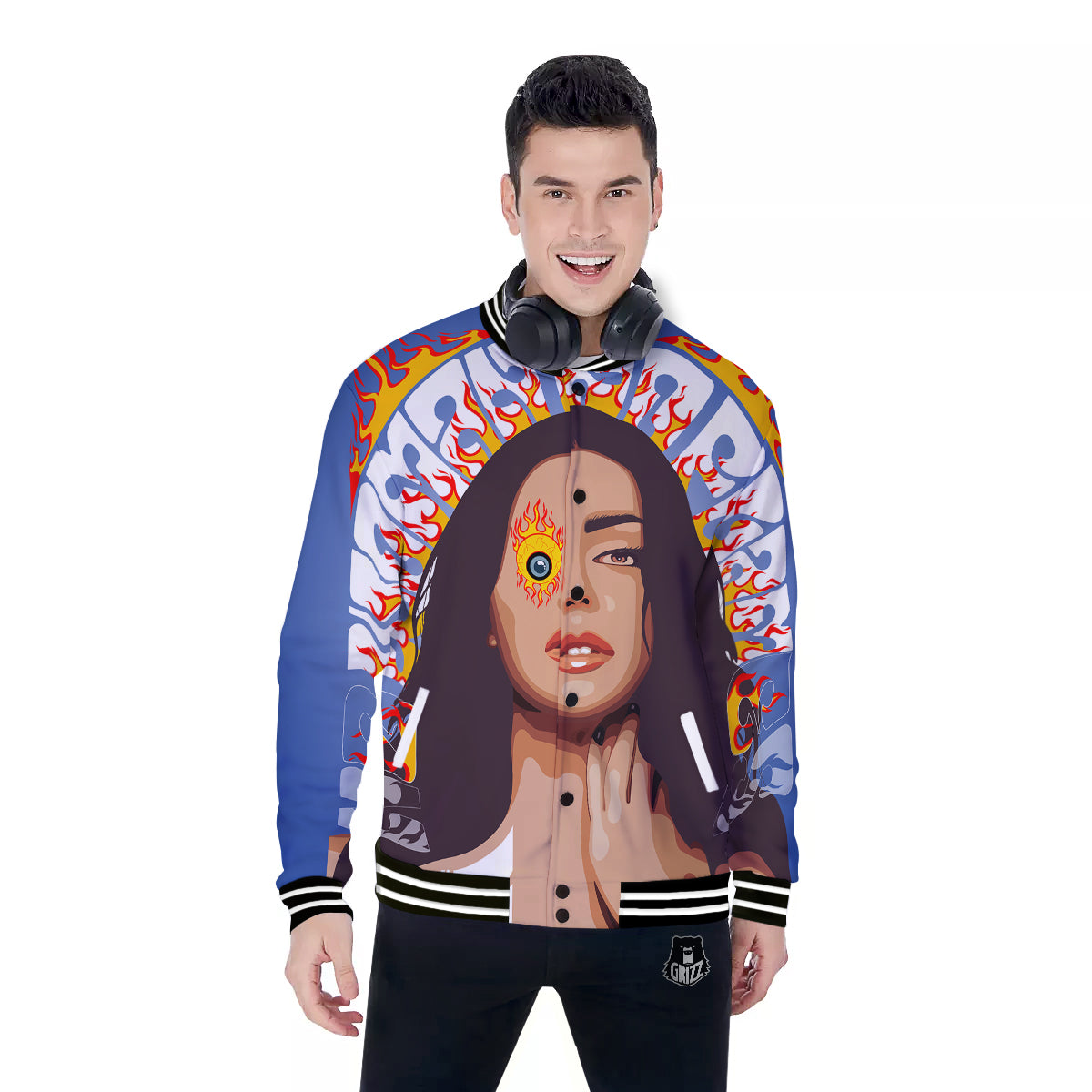 Fire Psychedelic Women Print Baseball Jacket-grizzshop