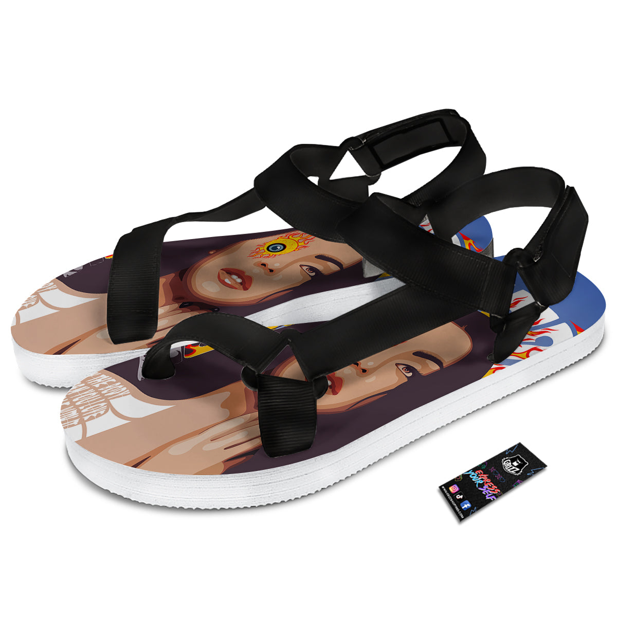 Fire Psychedelic Women Print Black Open Toe Sandals-grizzshop