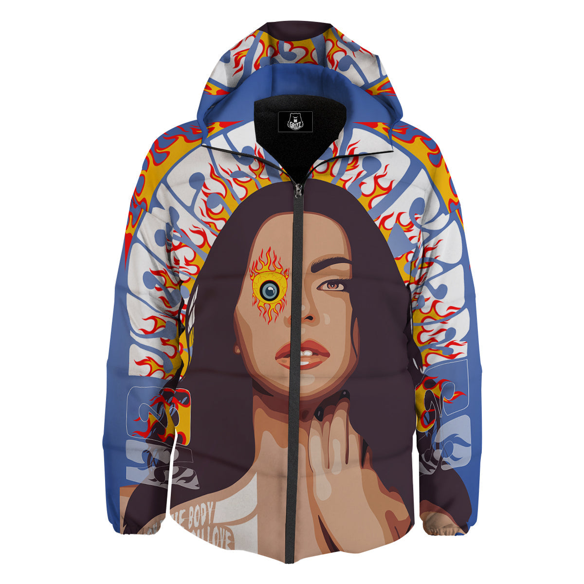 Fire Psychedelic Women Print Down Jacket-grizzshop