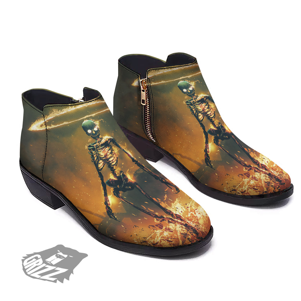 Fire Skeleton Print Ankle Boots-grizzshop