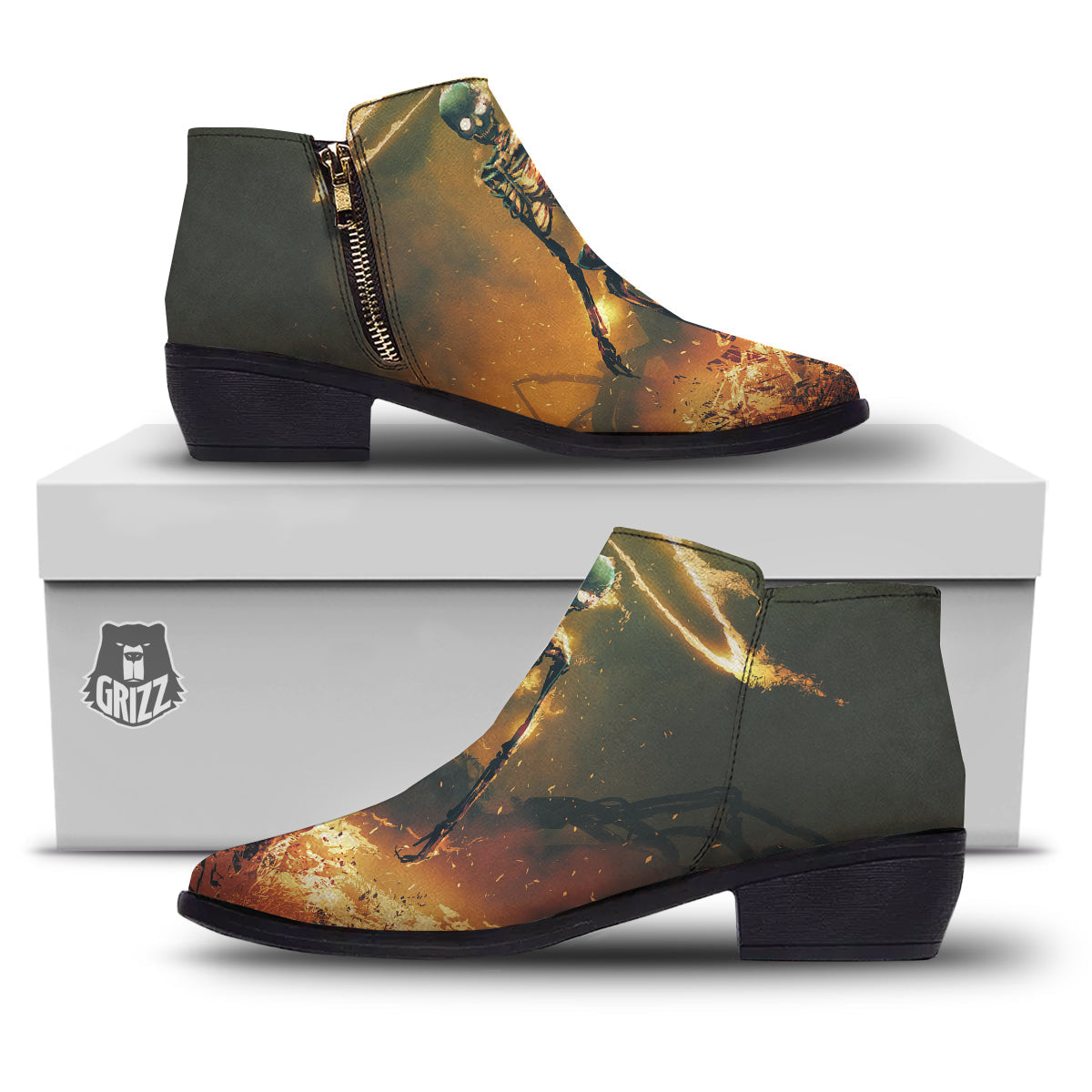 Fire Skeleton Print Ankle Boots-grizzshop