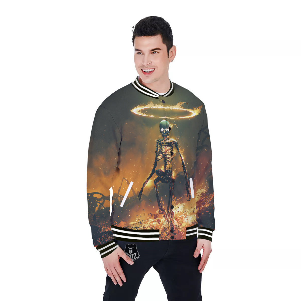 Fire Skeleton Print Baseball Jacket-grizzshop