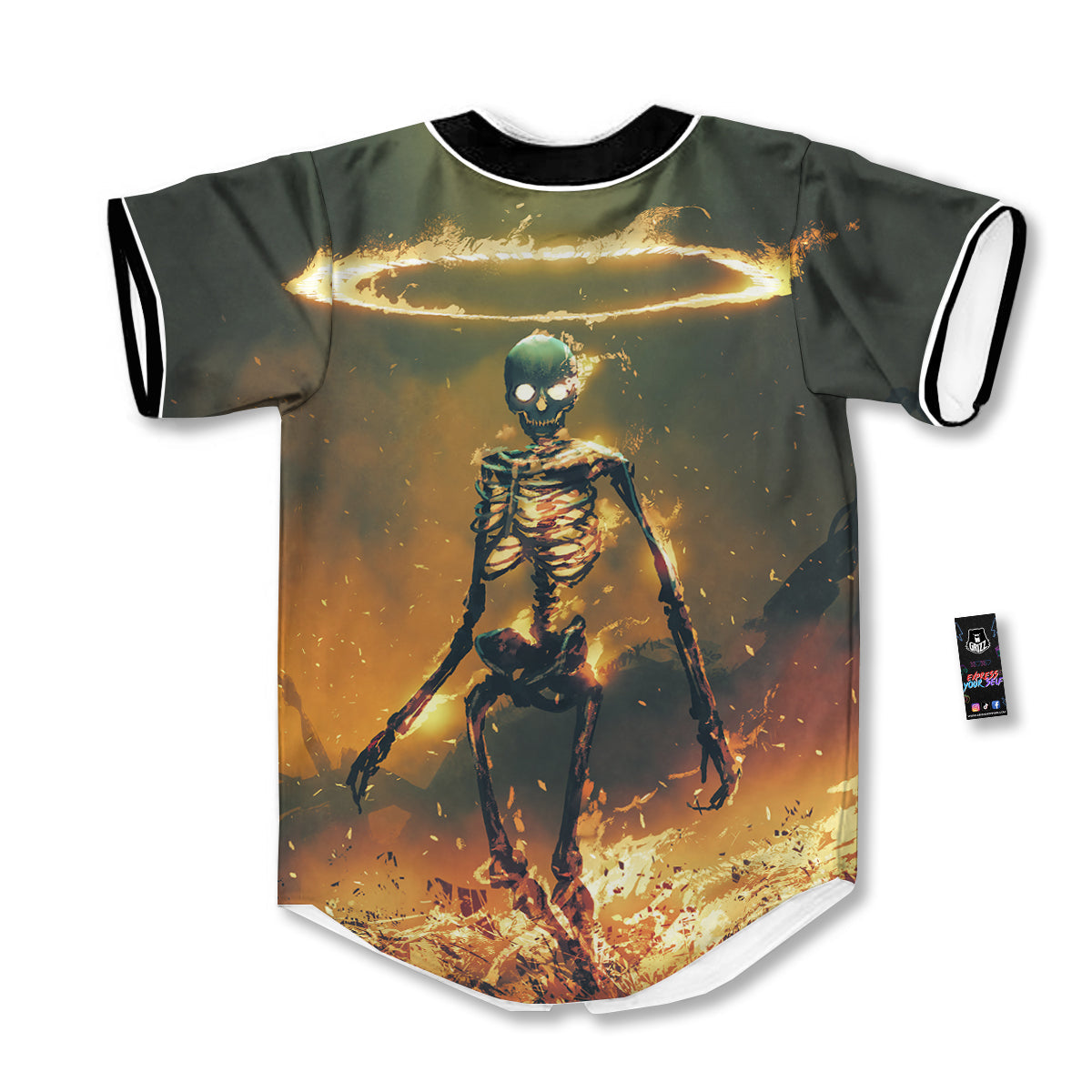 Fire Skeleton Print Baseball Jersey-grizzshop