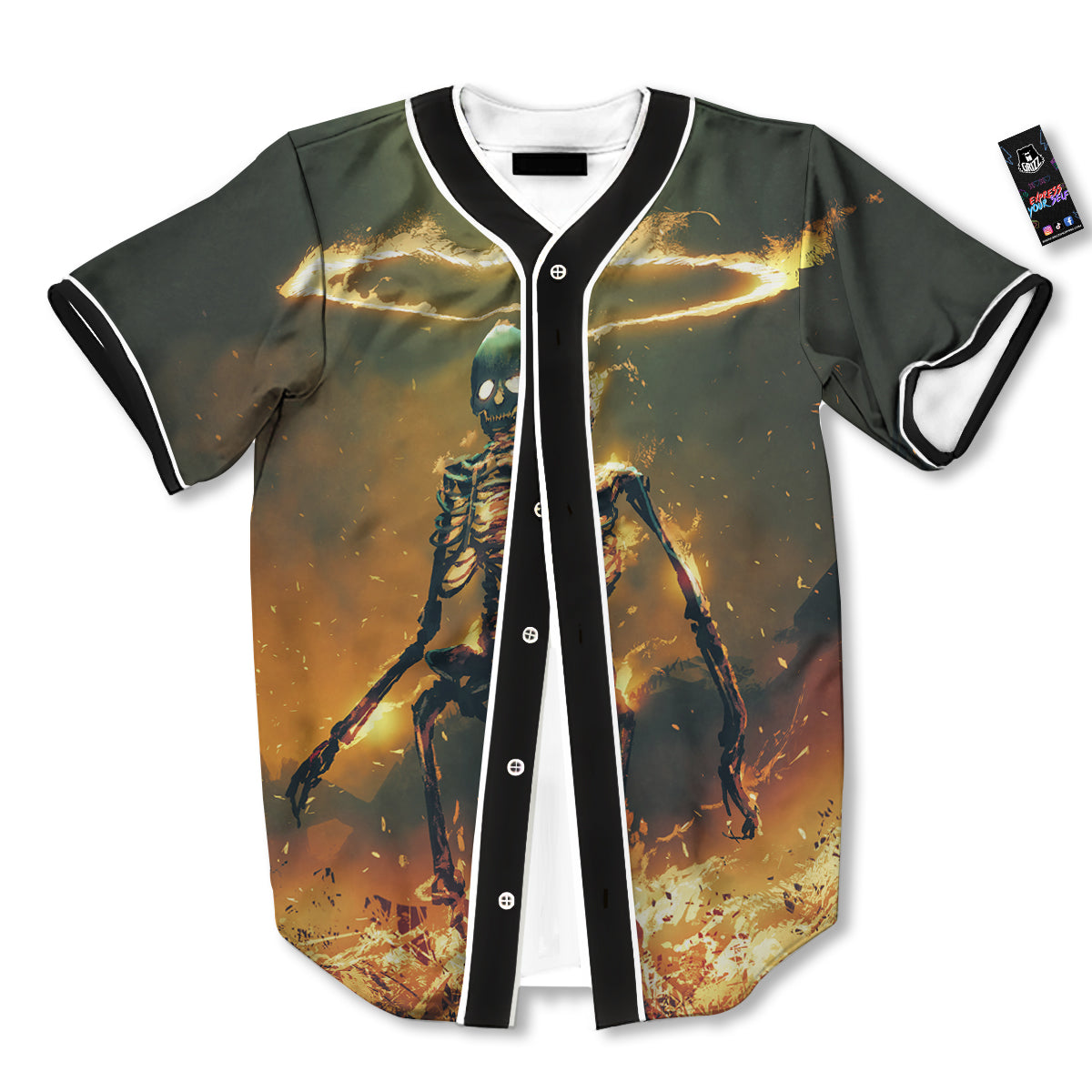 Fire Skeleton Print Baseball Jersey-grizzshop