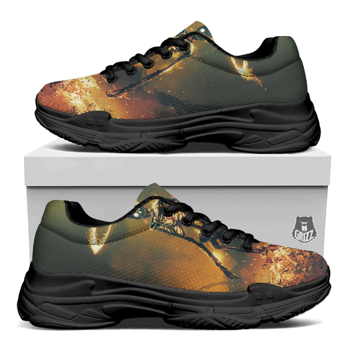 Fire Skeleton Print Black Chunky Shoes-grizzshop