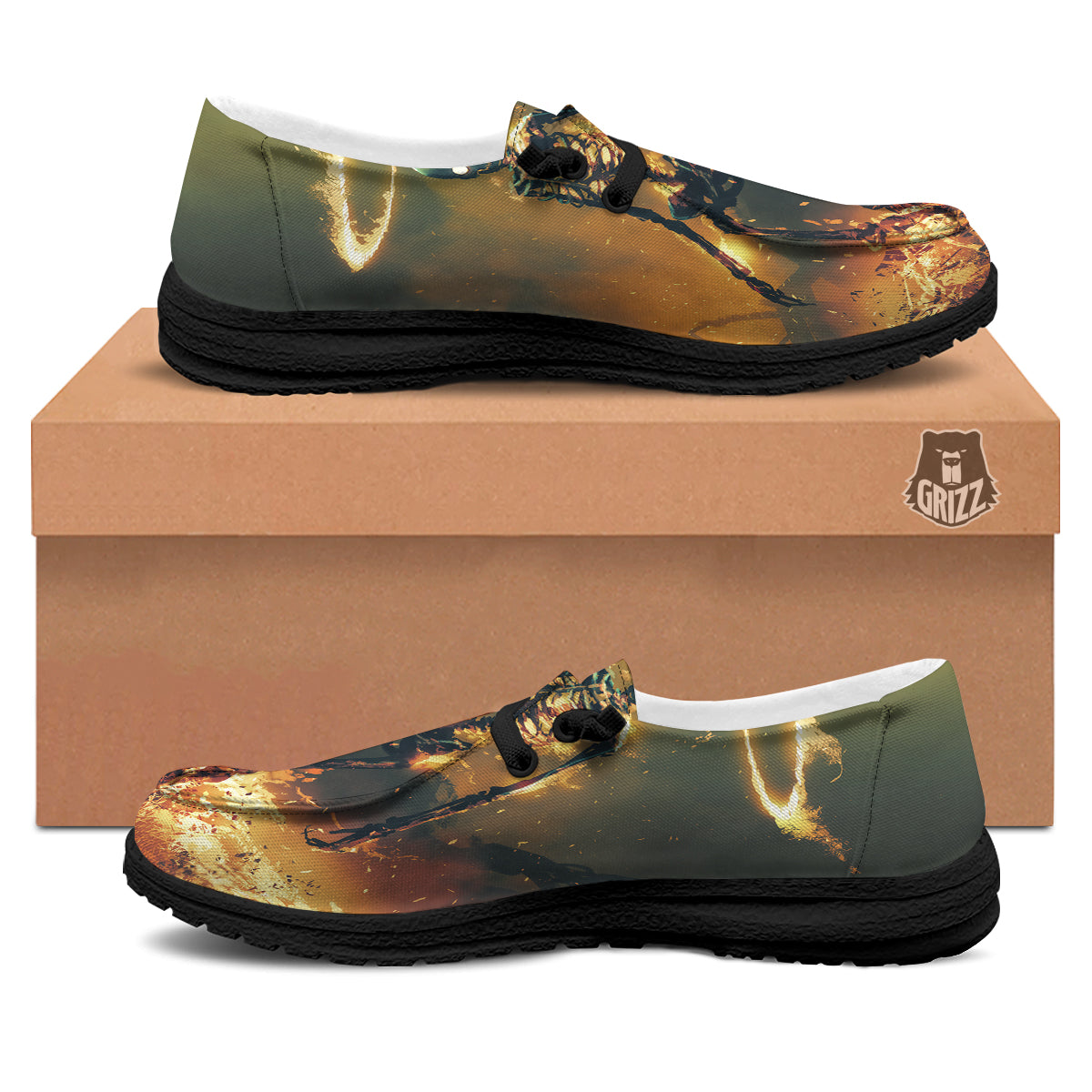 Fire Skeleton Print Black Loafers-grizzshop