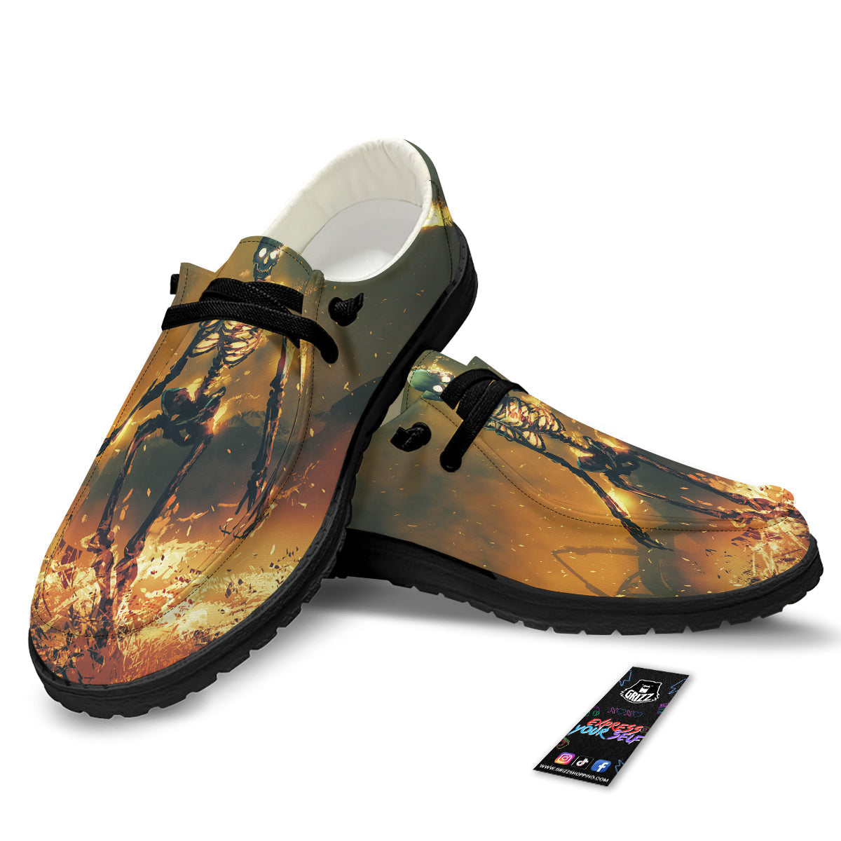 Fire Skeleton Print Black Loafers-grizzshop