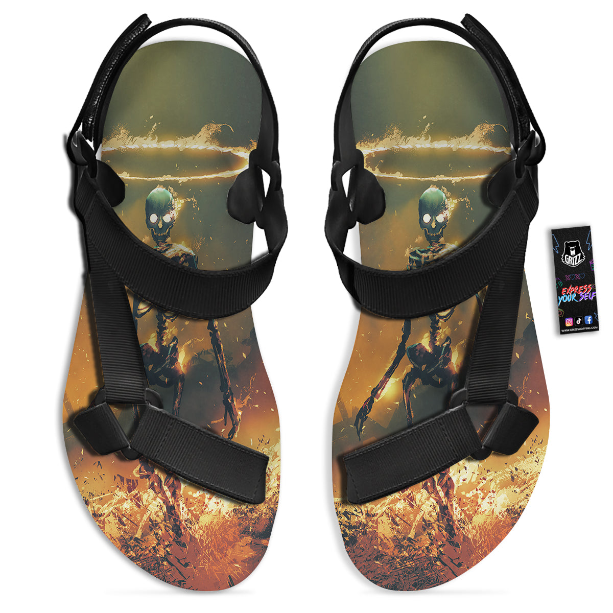 Fire Skeleton Print Black Open Toe Sandals-grizzshop