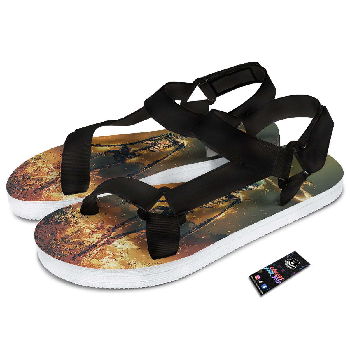 Fire Skeleton Print Black Open Toe Sandals-grizzshop