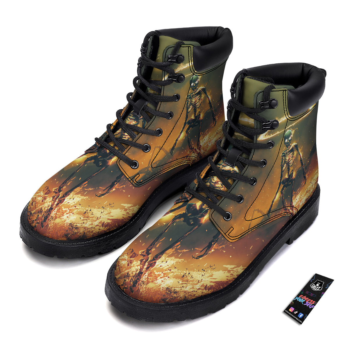 Fire Skeleton Print Boots-grizzshop