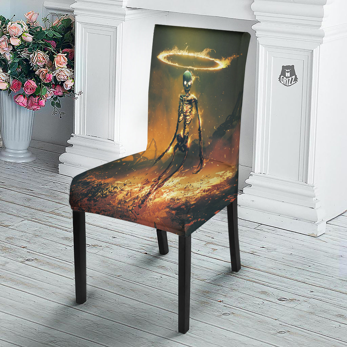Fire Skeleton Print Dining Chair Slipcover-grizzshop