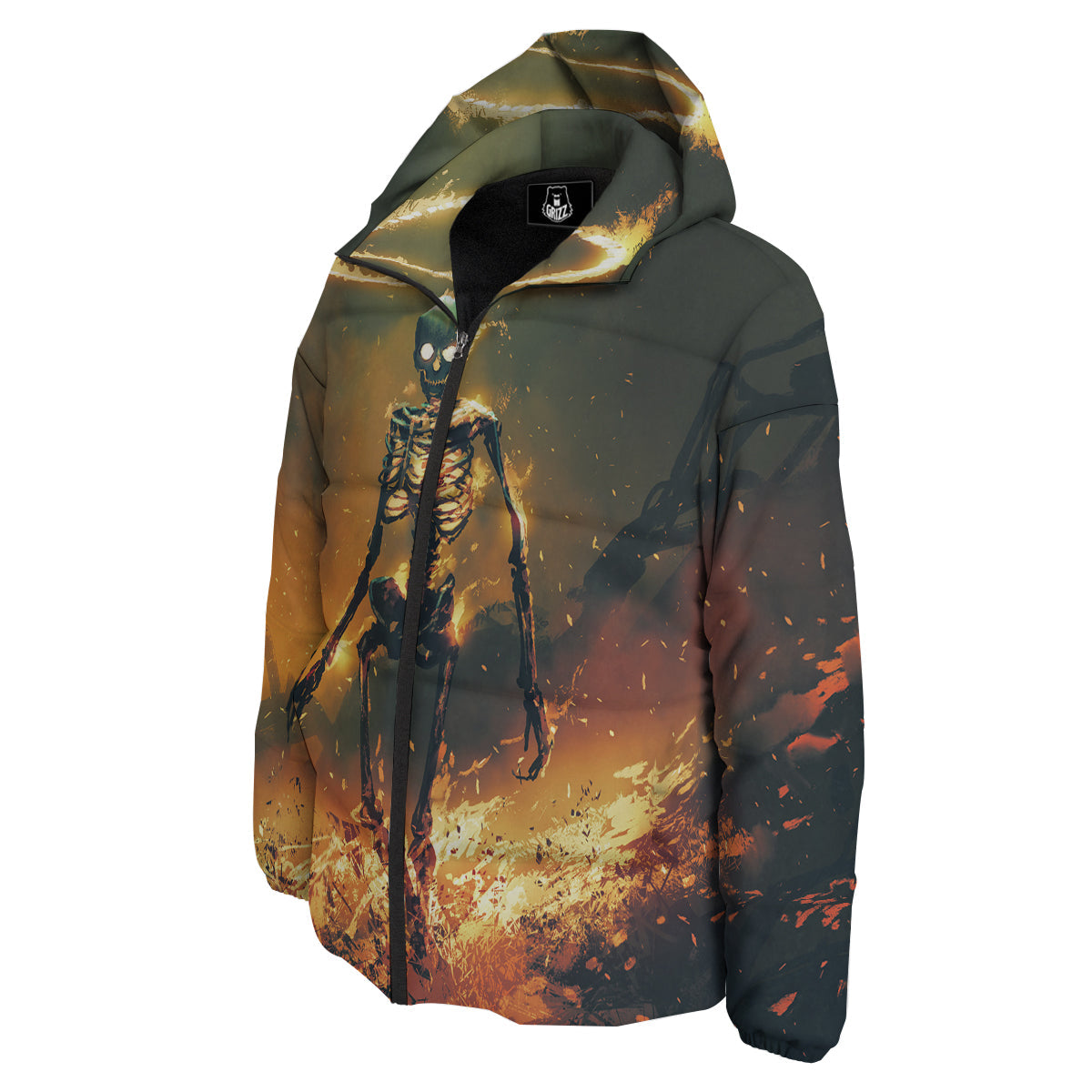 Fire Skeleton Print Down Jacket-grizzshop